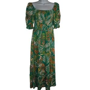 Betsy Johnson Size S Smocked Maxi Dress Green Tropical Puff Sleeve Vacation